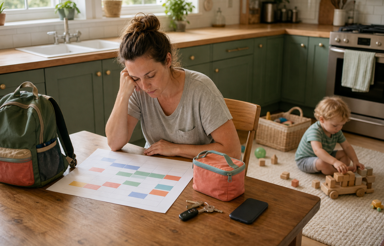 A parent plans at a sunlit kitchen table while a toddler plays nearby and a packed child backpack waits by the chair.