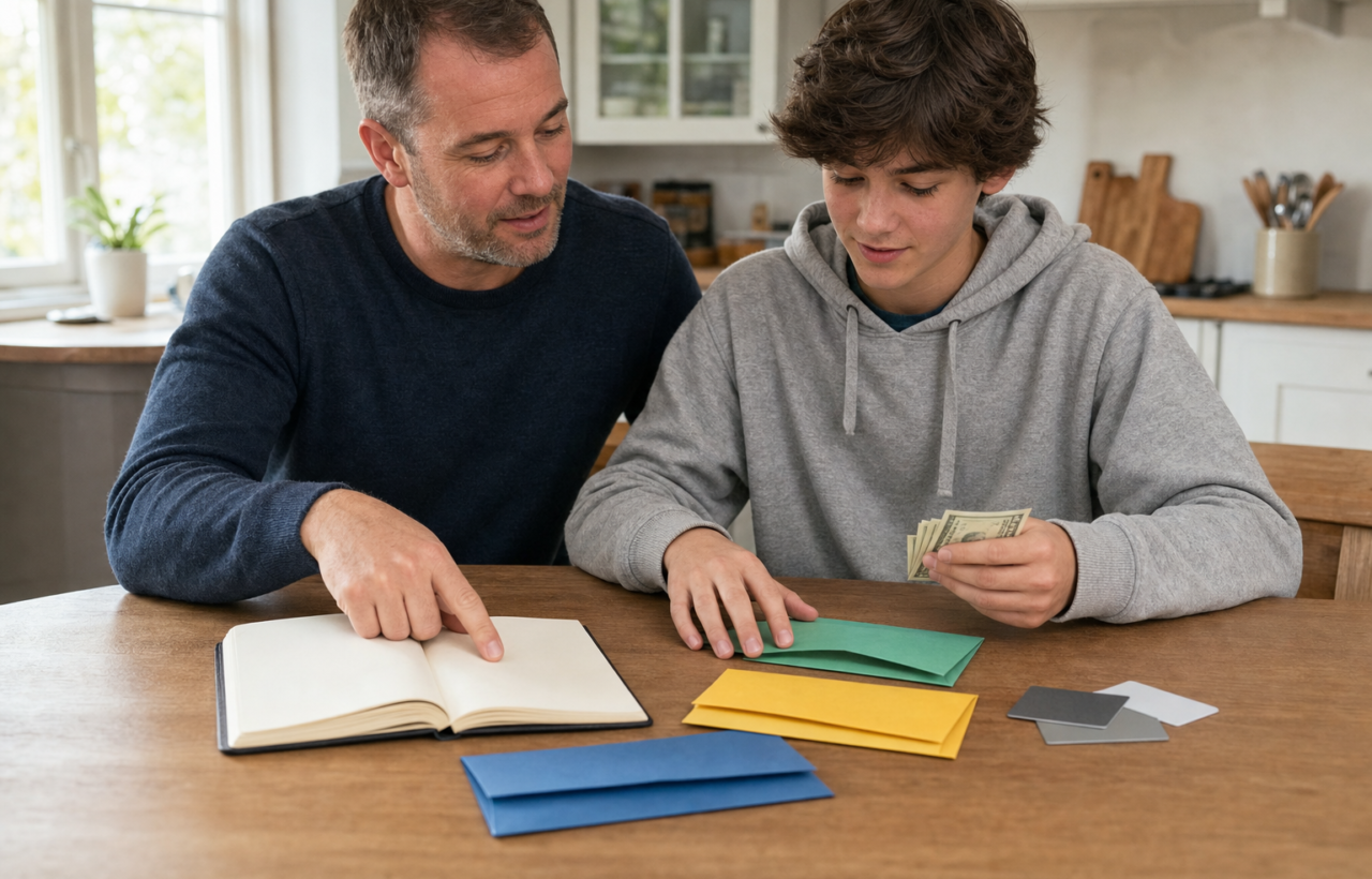 A parent and teenager sit together at a kitchen table while the teen organizes money into colored envelopes.