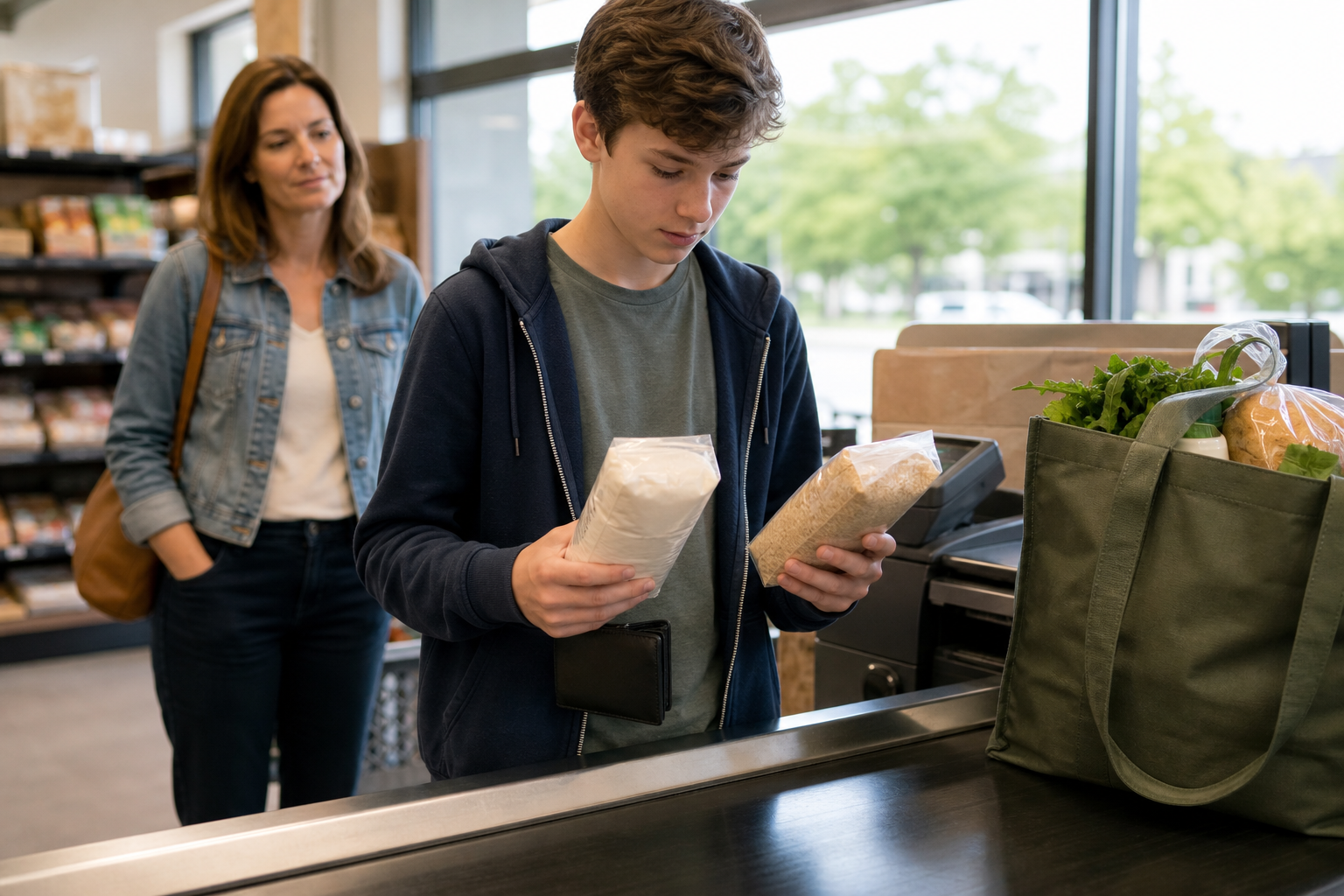 A teenager compares two grocery items at a checkout while a parent waits supportively in the background.