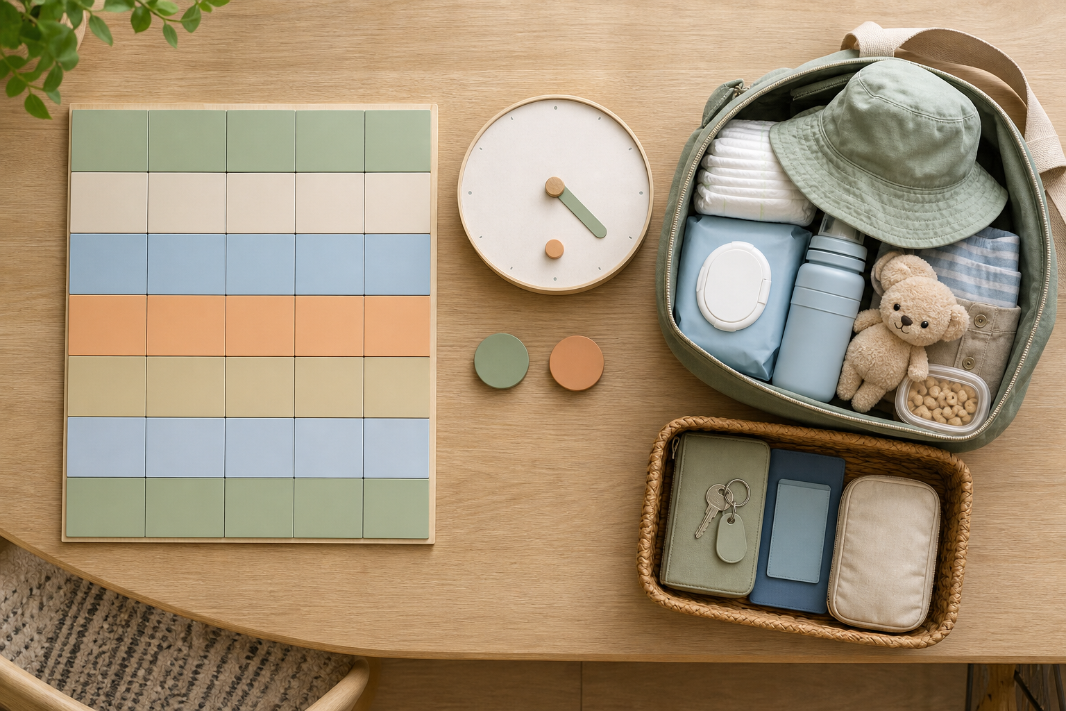An unlabeled weekly planning grid sits beside a packed toddler bag, childcare supplies, and a simple analog clock.