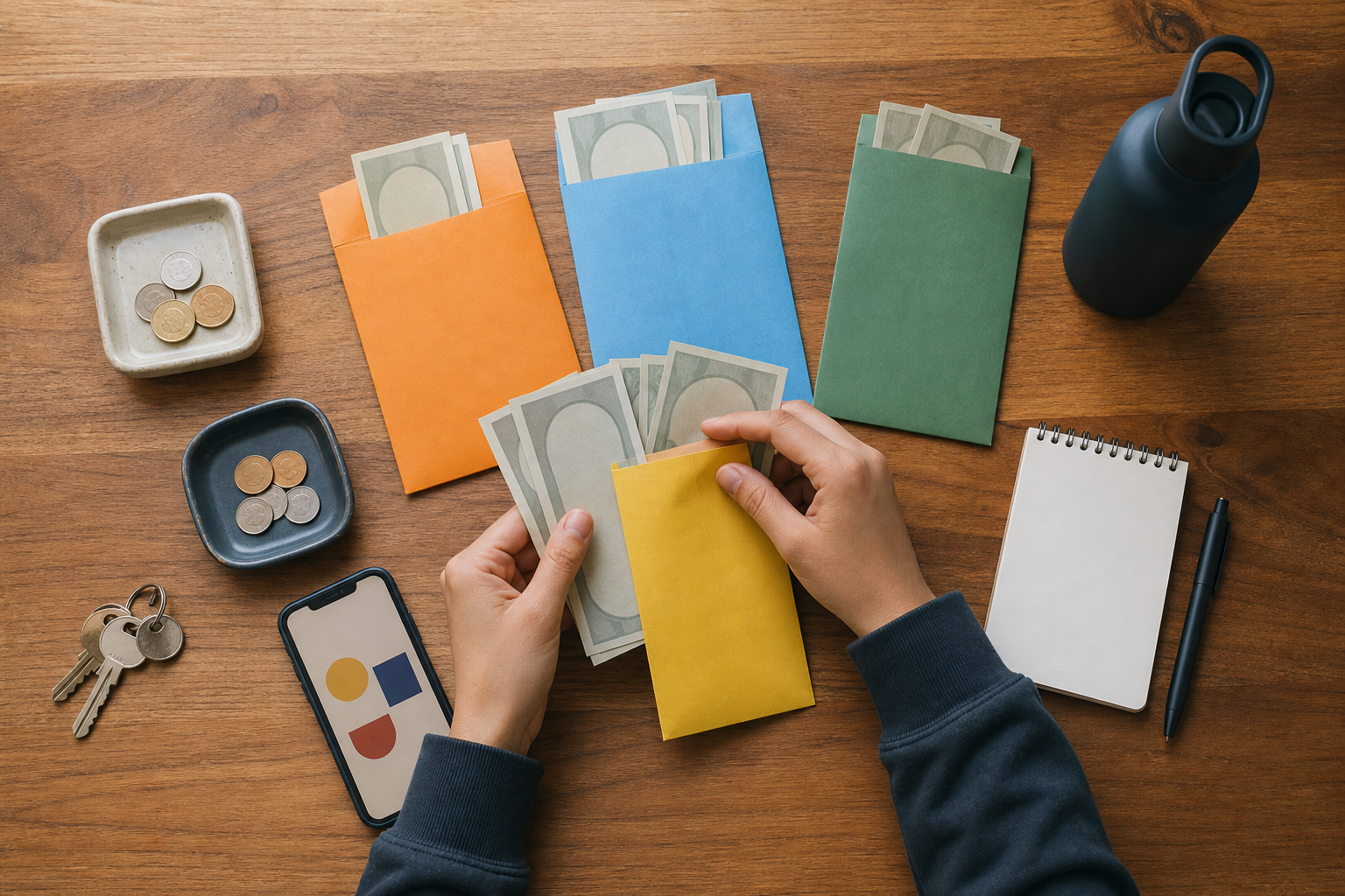 A teenager's hands divide money among colored envelopes beside a phone, blank notebook, keys, and water bottle.