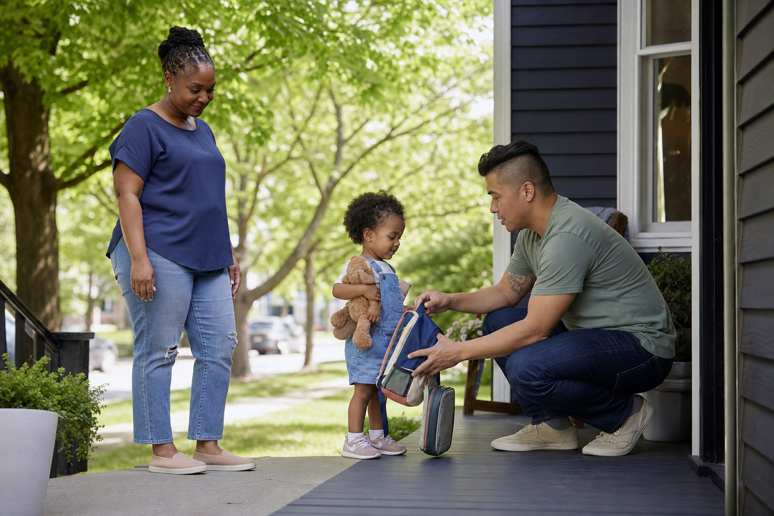 Two adults calmly exchange a toddler's backpack on a shaded porch while one adult reassures the child holding a stuffed animal.