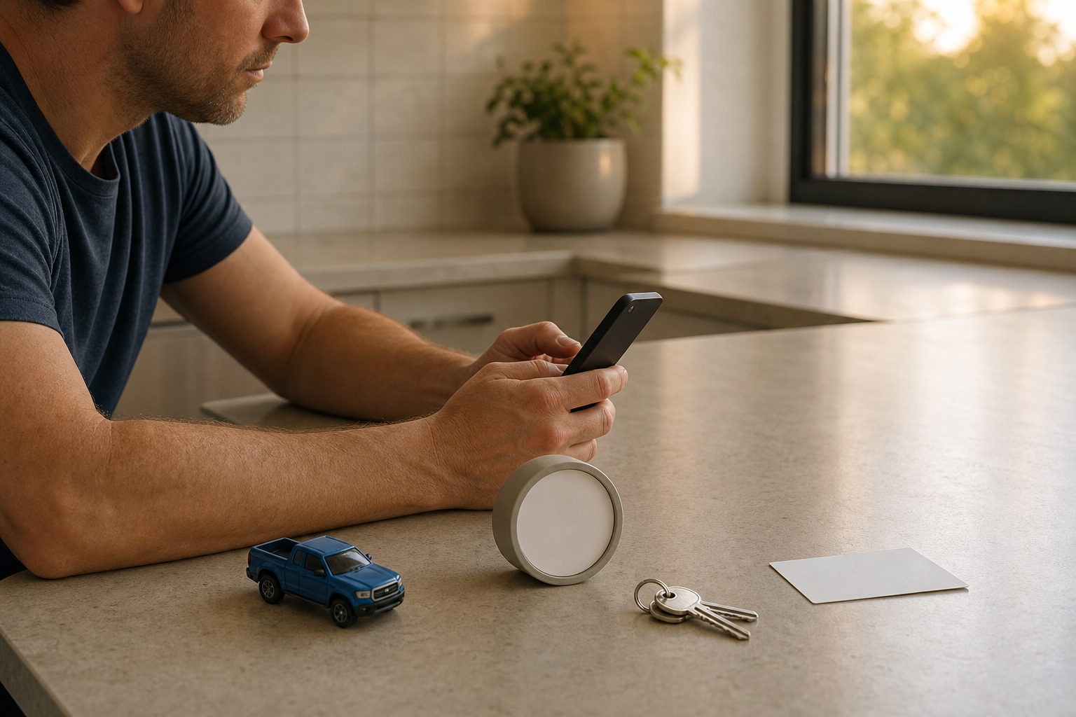 A parent holds a phone beside keys, a toy car, a simple clock, and a blank card on a kitchen counter.