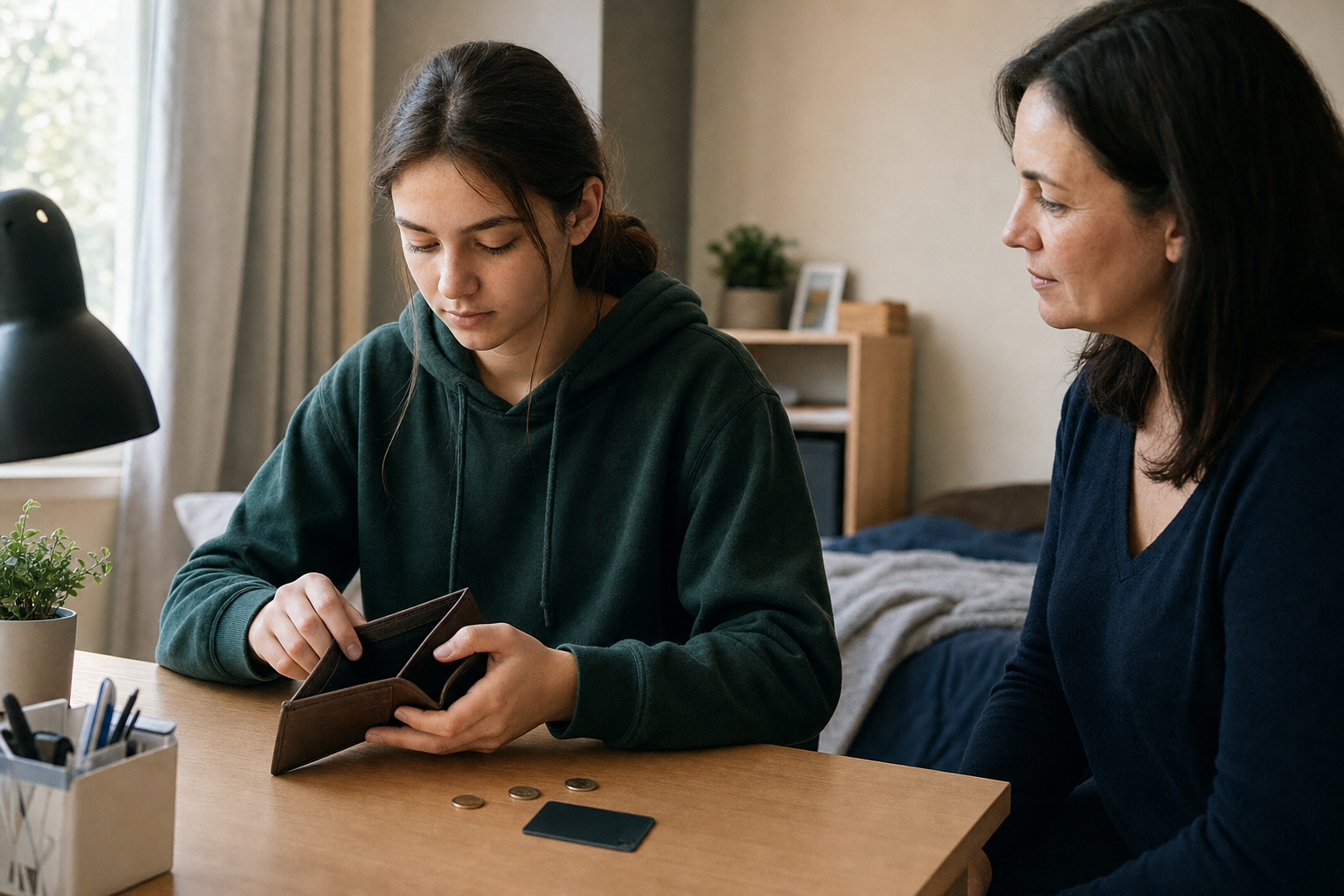 A thoughtful teenager checks an almost-empty wallet while a parent sits nearby without taking over.
