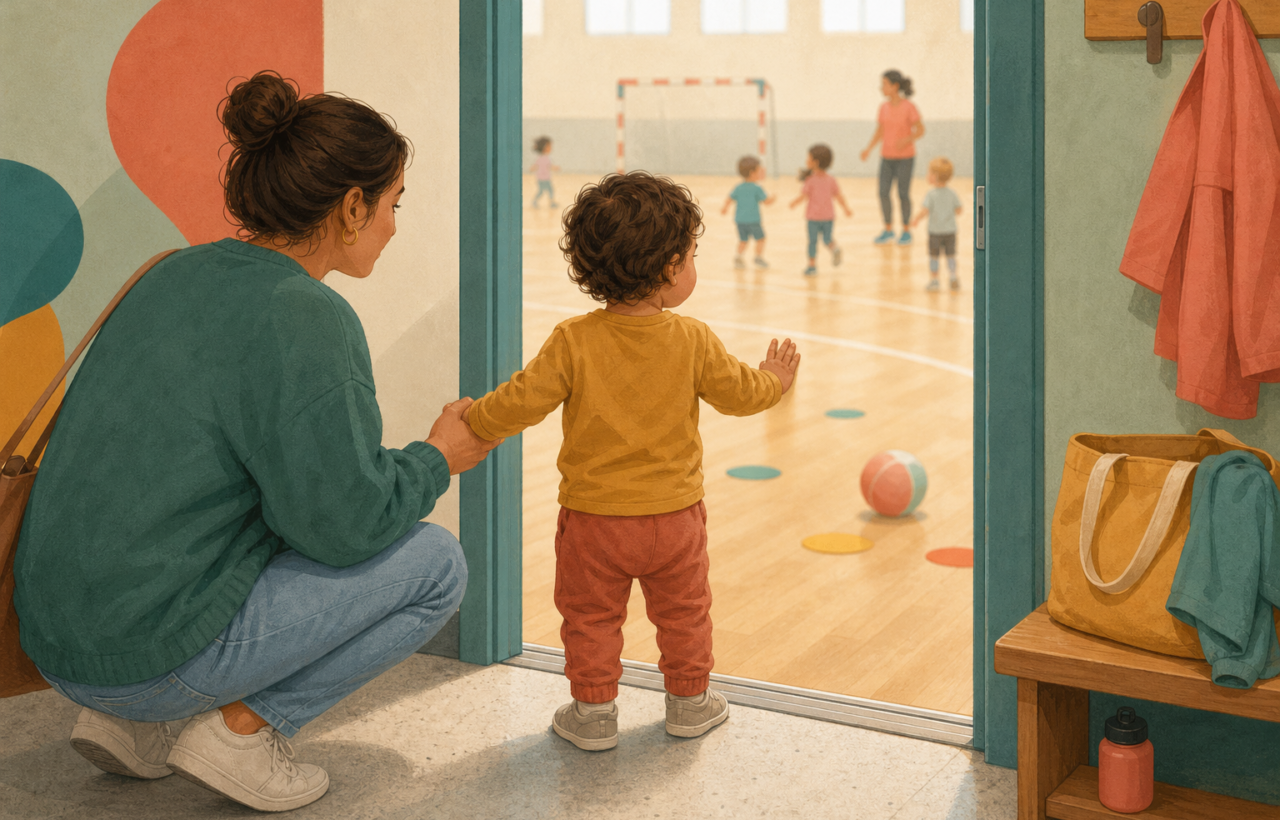 A hesitant young child holds a crouching caregiver's hand at the doorway of a children's sports class.