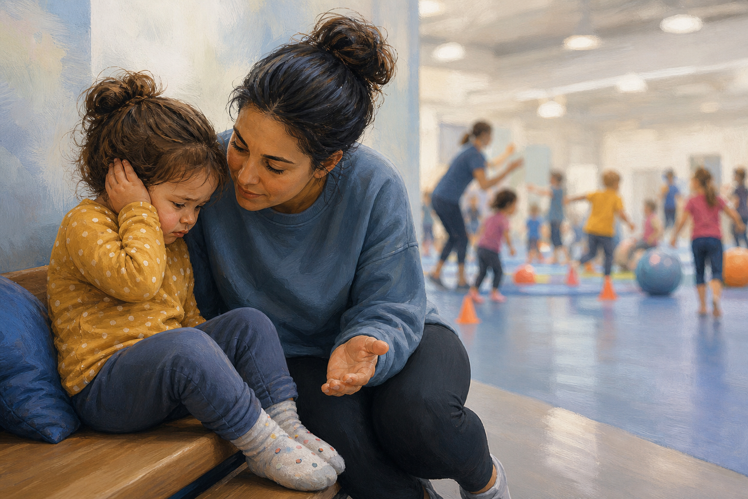 A caregiver comforts a toddler covering one ear beside a busy indoor sports class.