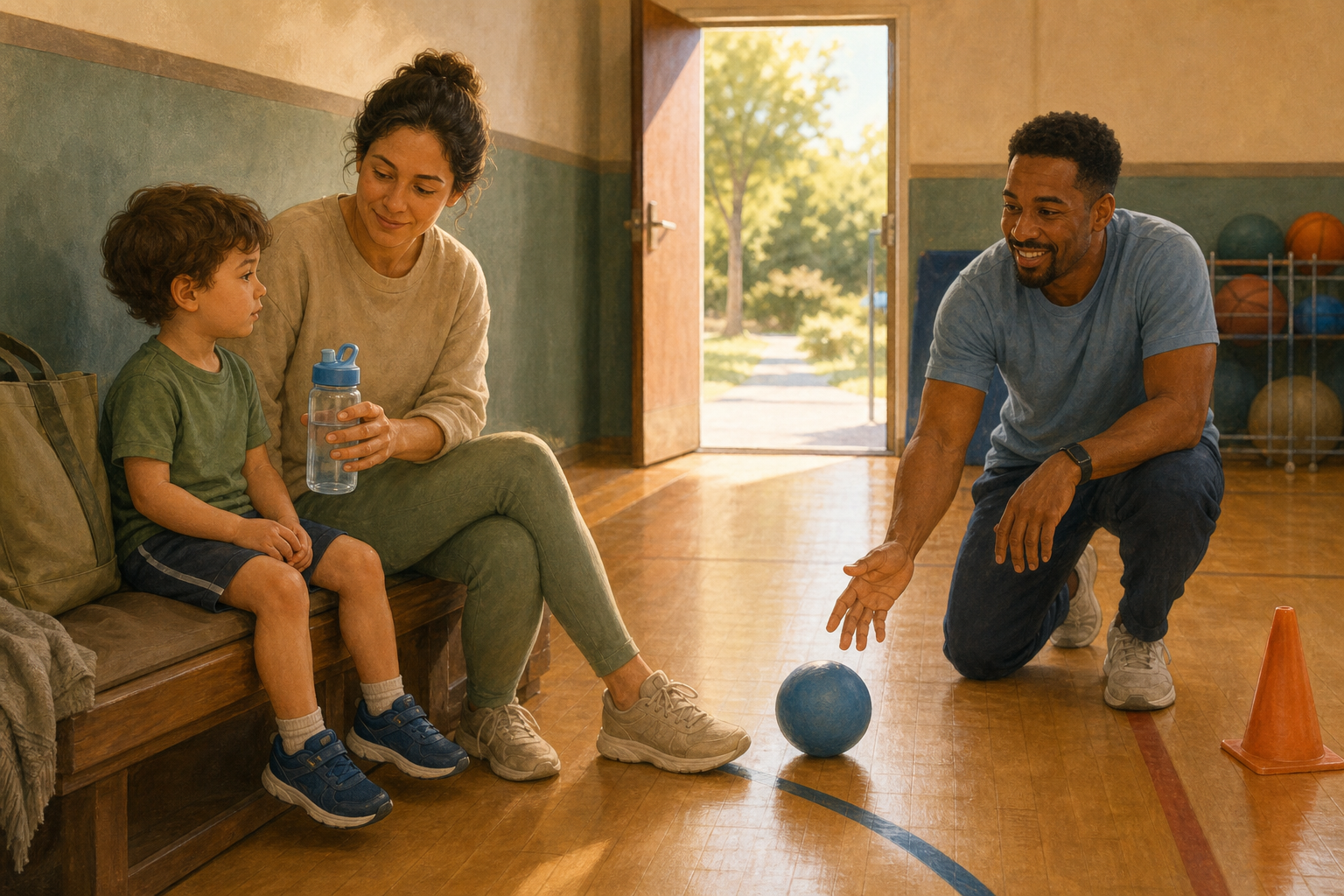 A young child takes a quiet sideline break with a caregiver while watching an instructor roll a ball.