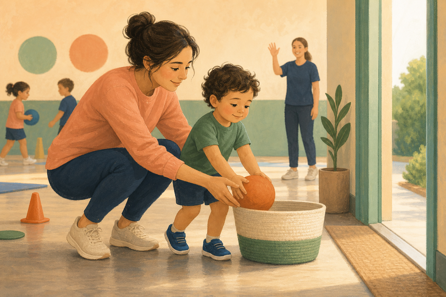 A caregiver and young child place a foam ball in a low basket after completing a small activity together.