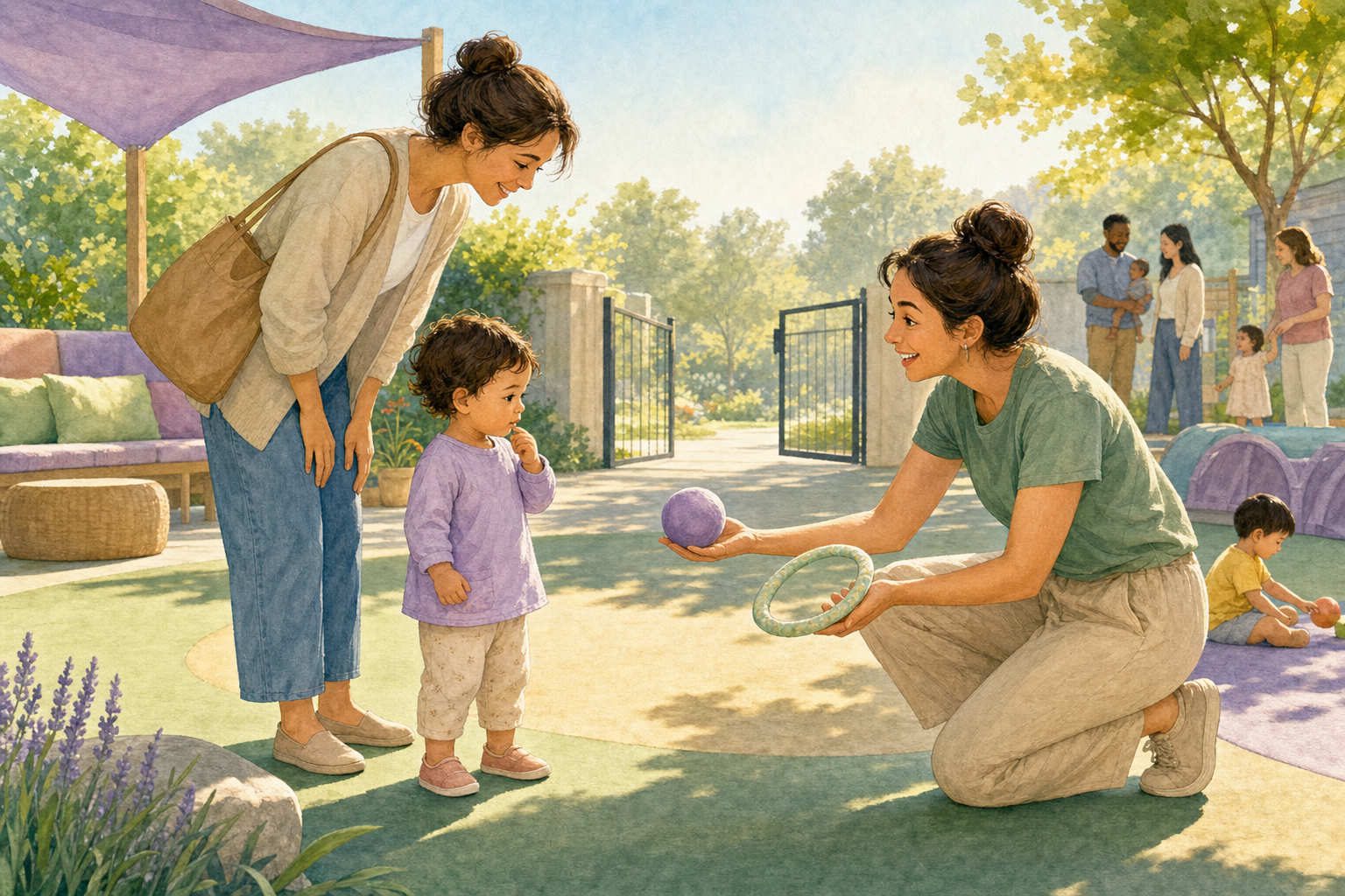 A toddler approaches a small outdoor activity where an instructor offers a choice of a soft ball or fabric hoop.