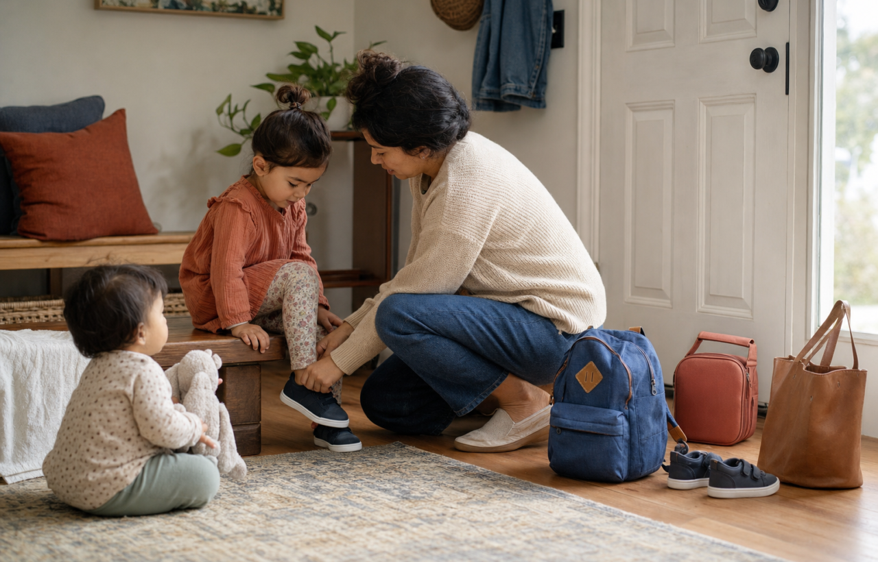 A parent helps a preschooler put on a shoe beside a packed backpack and lunch bag while a toddler waits near the front door.