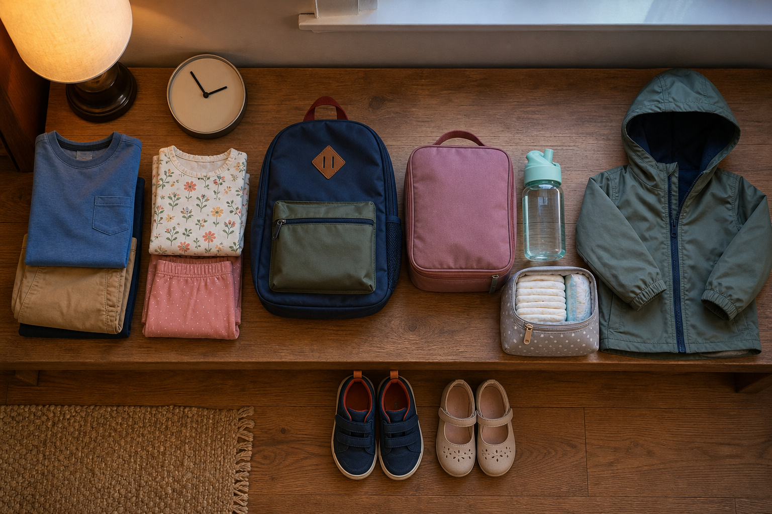 Two children's outfits, bags, jackets, a water bottle, and paired shoes are arranged on a bench and floor for the next morning.