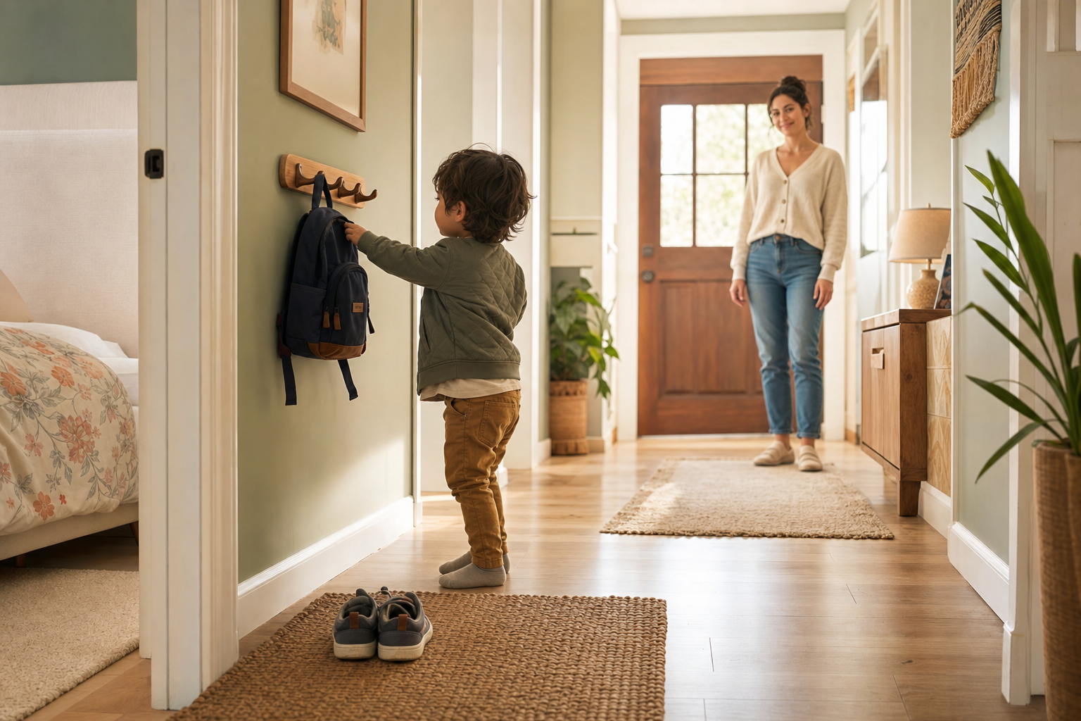 A dressed preschooler reaches for a backpack on a low hook while paired shoes wait nearby and a parent watches from the hallway.
