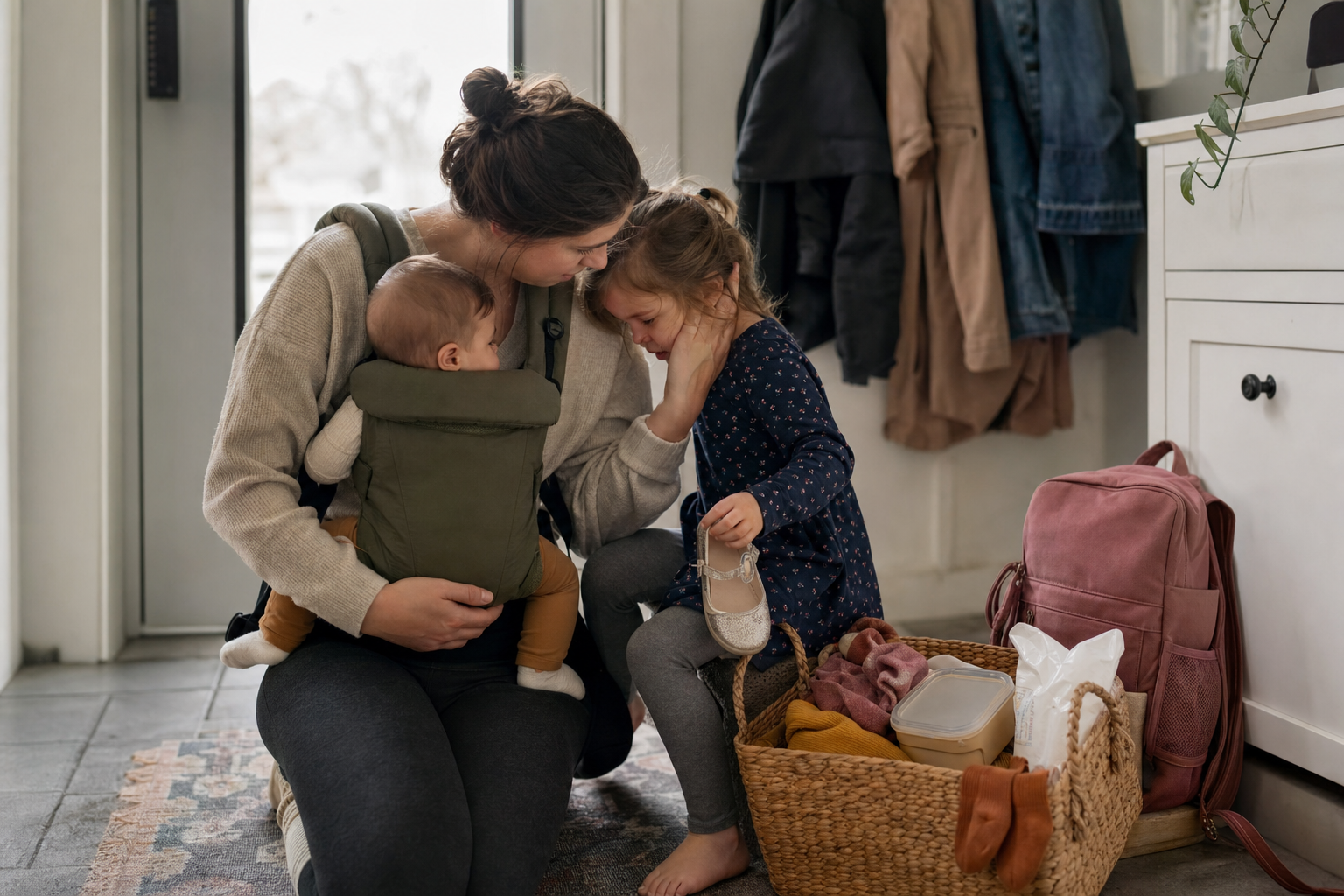 A parent comforts an upset preschooler beside a basket of backup morning supplies while carrying a baby in a front carrier.
