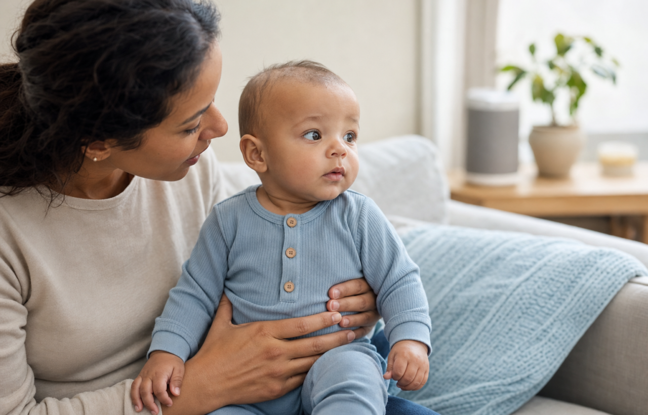 A caregiver holds an infant and watches the baby's response while speaking in a softly lit living room.