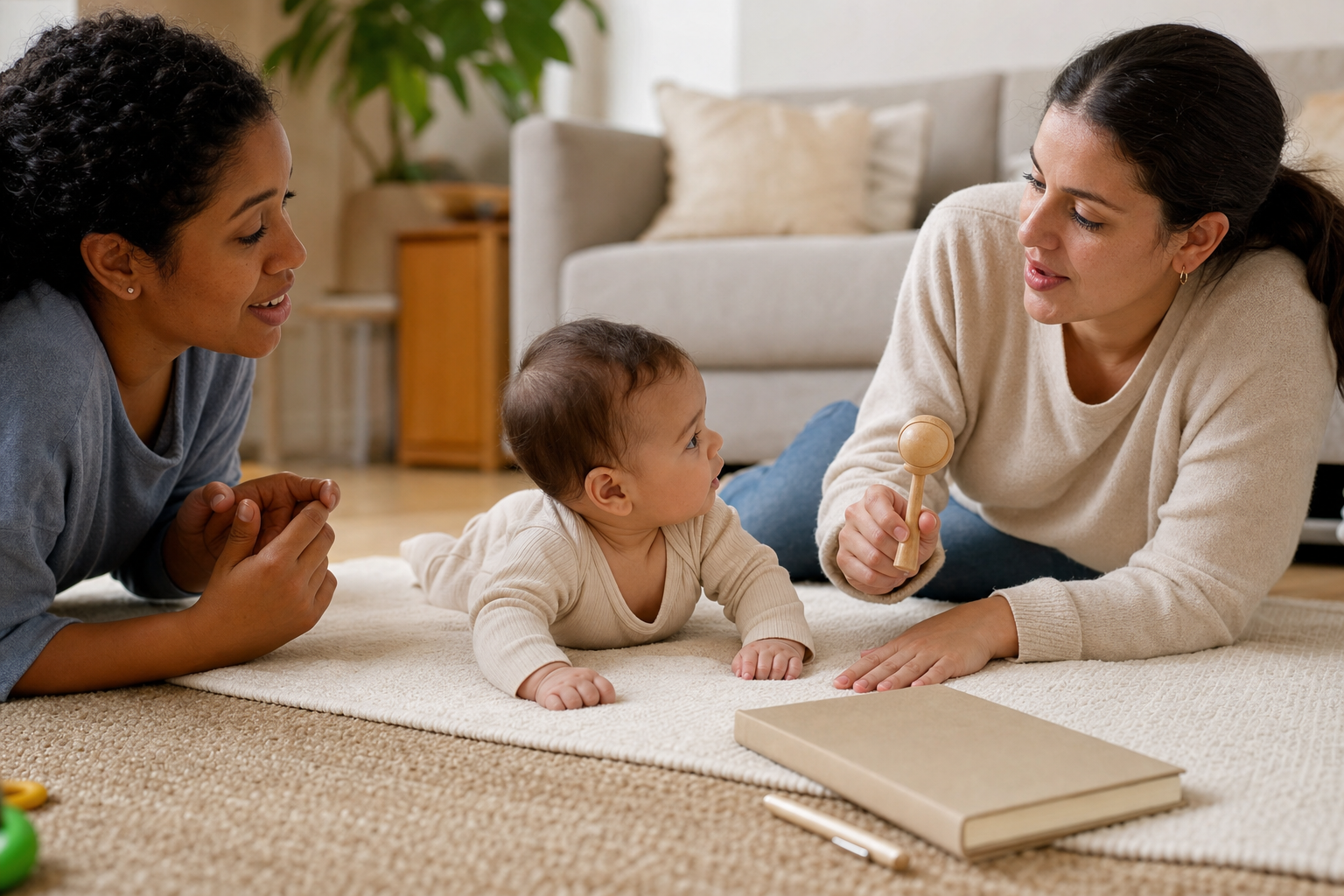 An infant turns toward a rattle during floor play as caregivers observe, with a blank notebook nearby.