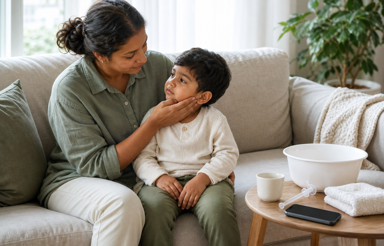 A caregiver comforts a tired but alert toddler at home with a cup, dosing syringe, towel, basin, and phone nearby.