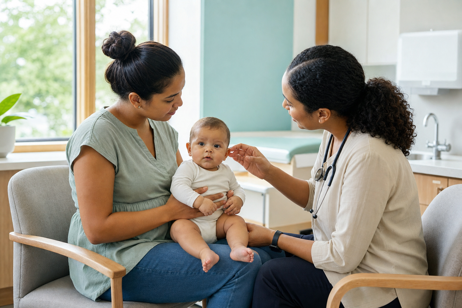 A health-care provider discusses an infant's hearing concerns with a caregiver in a clinic.