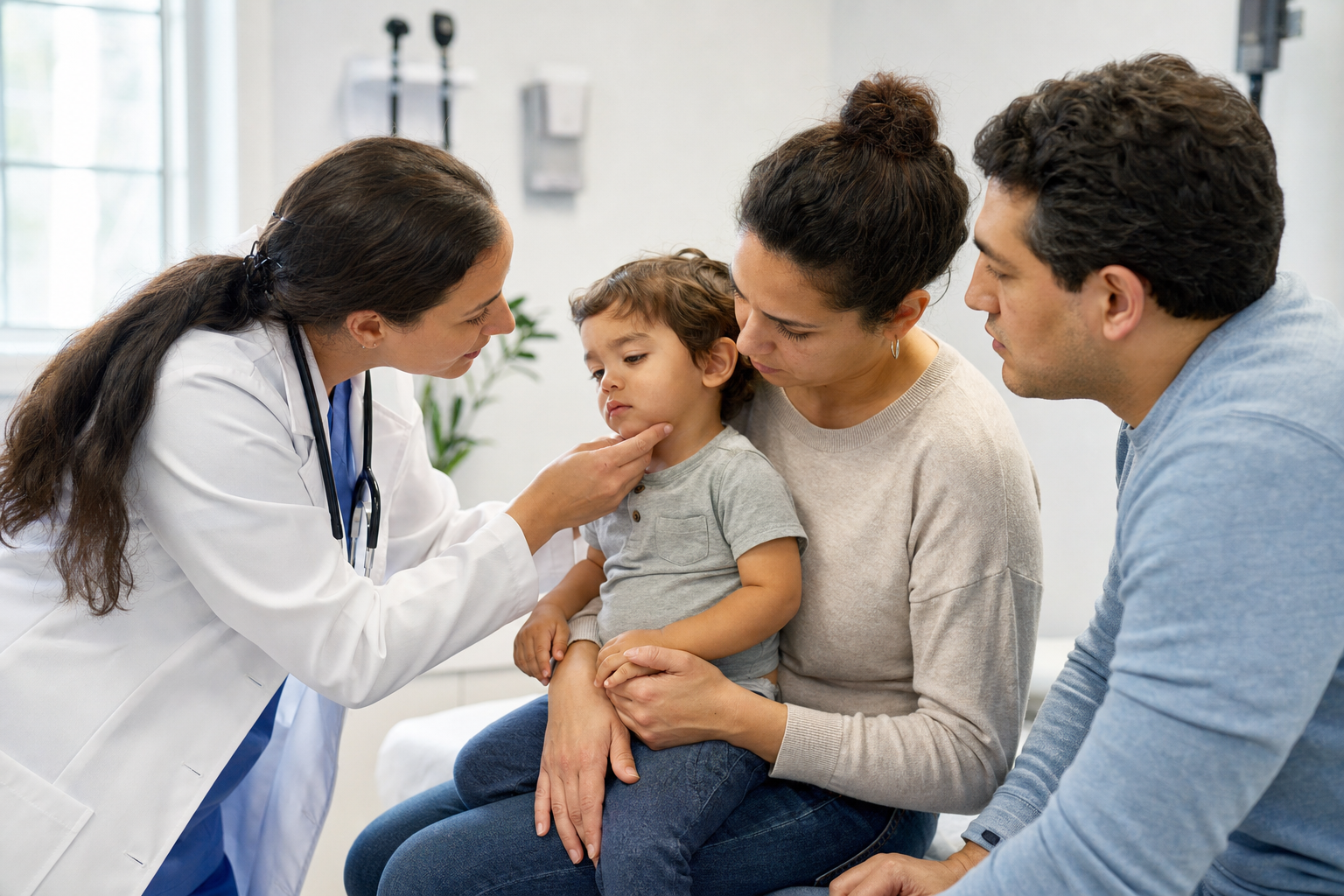 A pediatric clinician examines a tired toddler seated on a caregiver's lap while the family listens attentively.