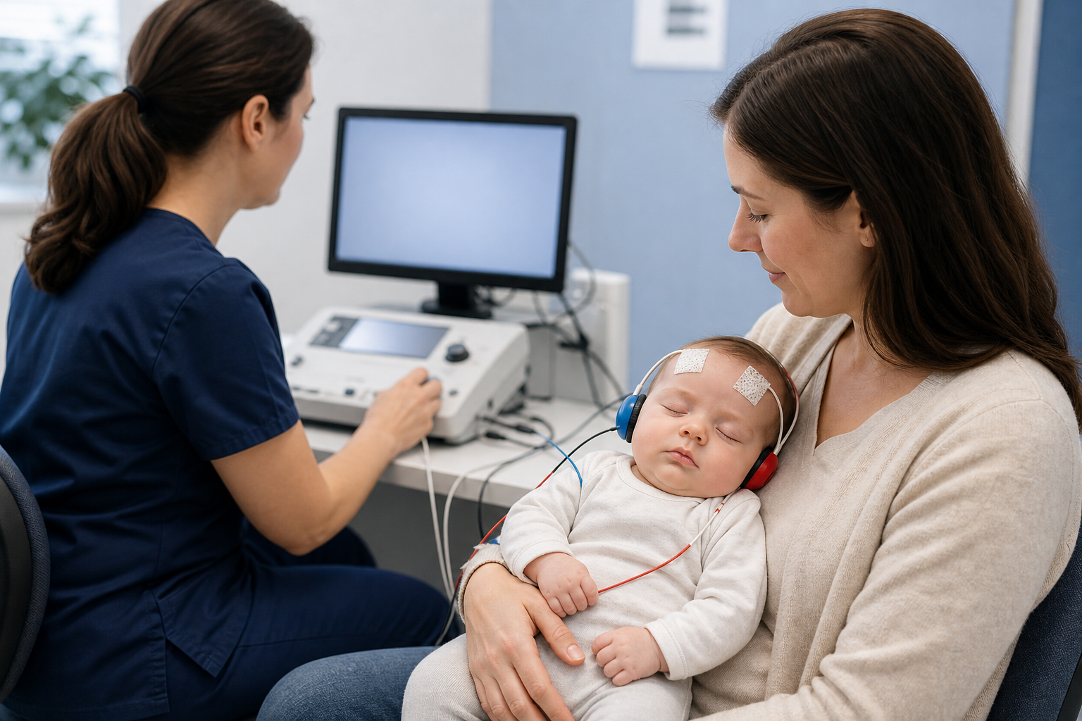 A sleeping infant undergoes an auditory brainstem response hearing test while held by a caregiver and monitored by an audiologist.