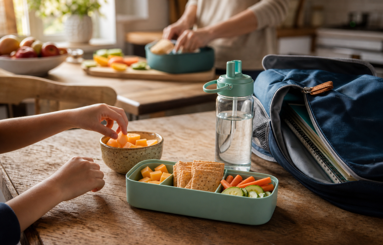 A kitchen table with a school backpack, lunch containers, fruit, crackers, vegetables, and a water bottle prepared for after-school snacks.