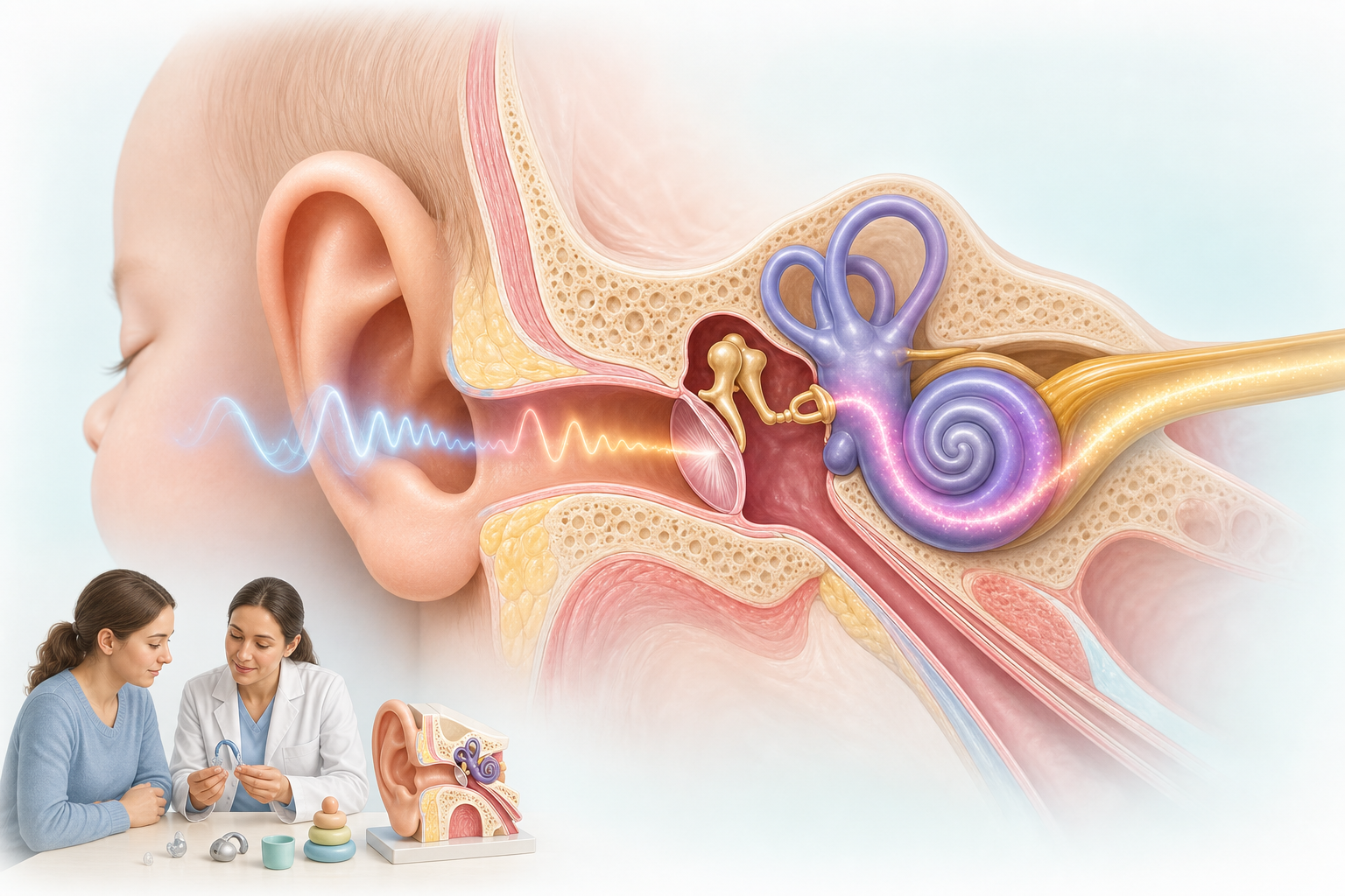 An unlabeled medical illustration shows sound traveling through the outer, middle and inner parts of an infant's ear, with a small audiology consultation vignette.