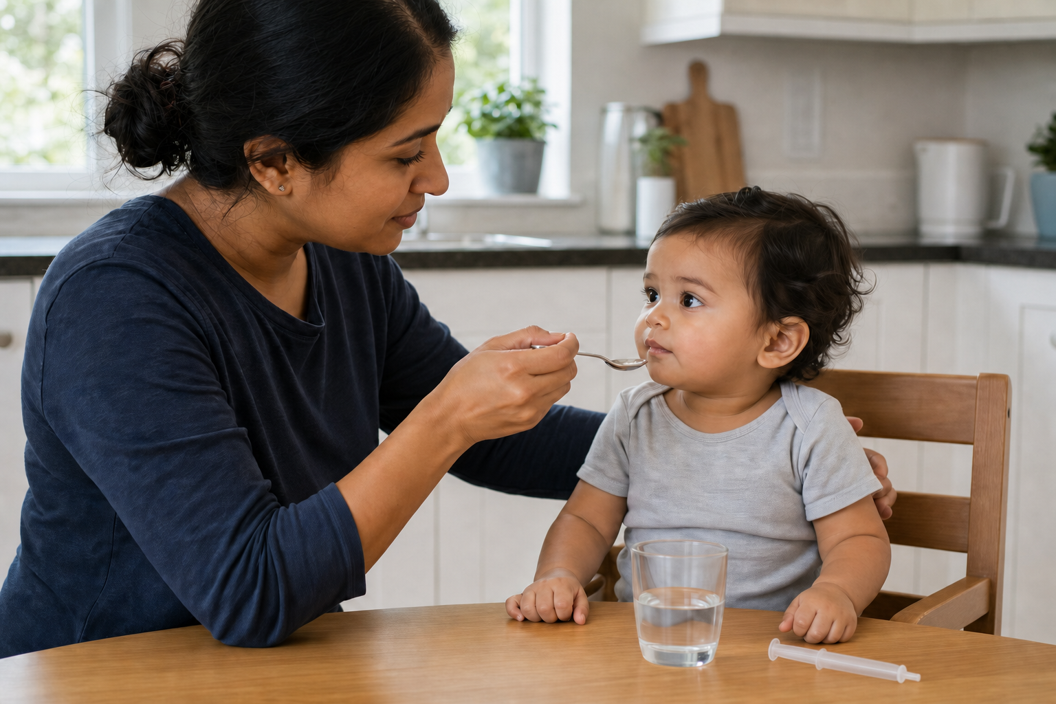 A caregiver offers a toddler a small spoonful of clear rehydration fluid while the child sits upright at a table.