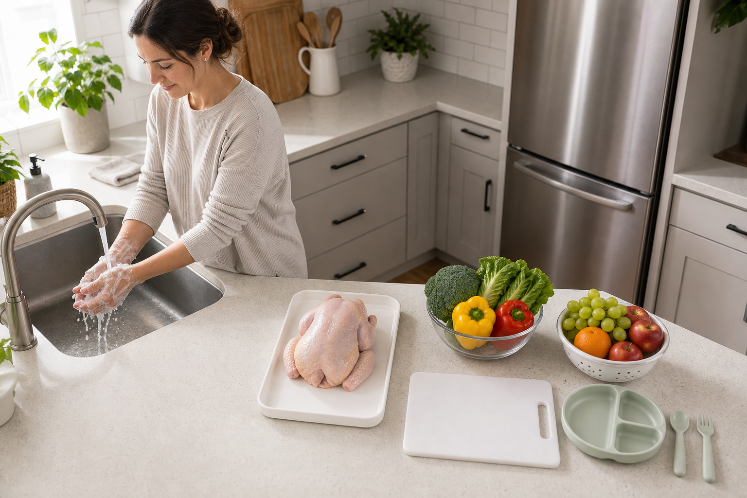An adult washes their hands in a clean kitchen where raw poultry is kept separate from vegetables and child feeding utensils.