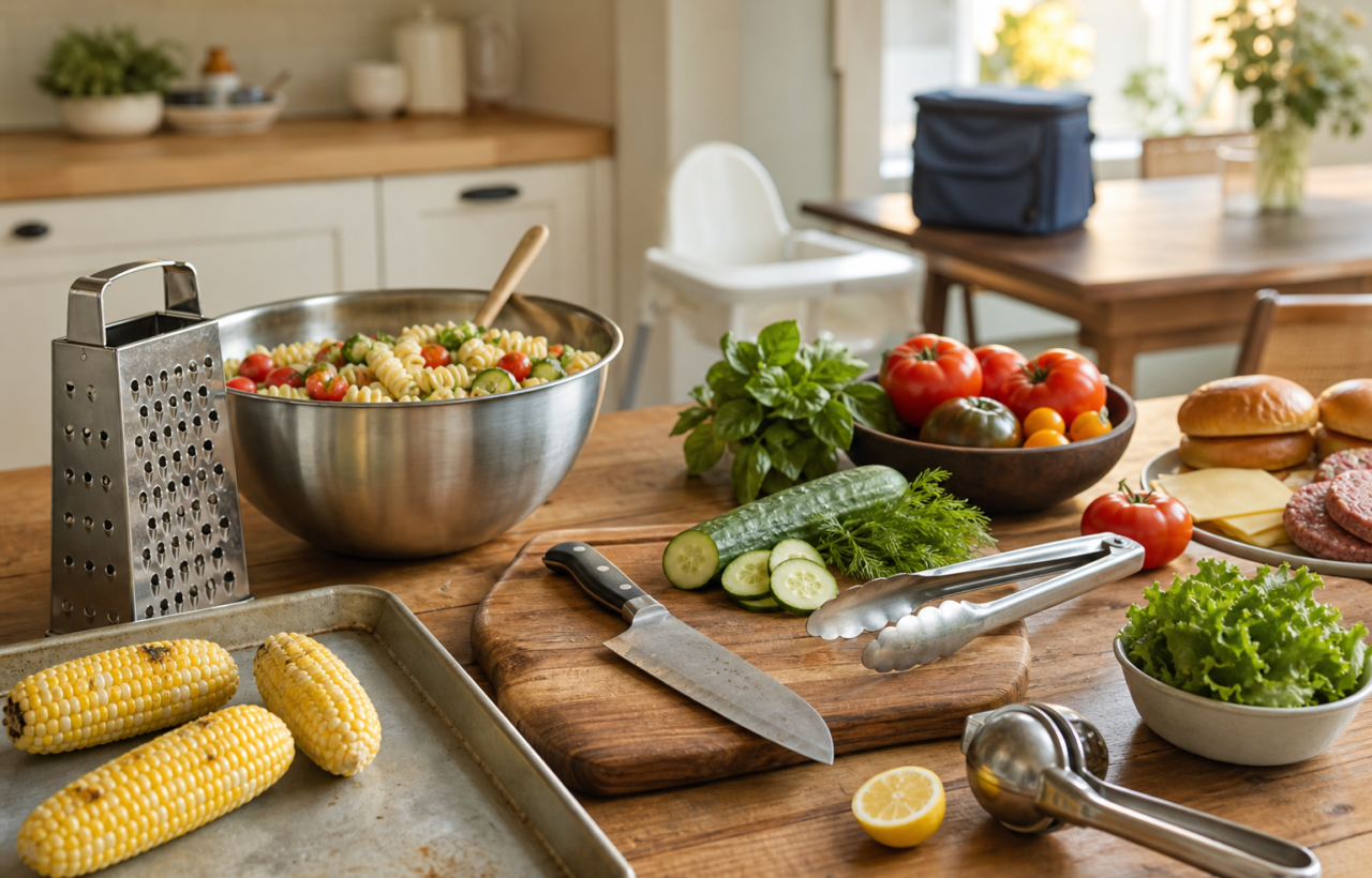 Affordable kitchen tools sit beside corn, tomatoes, cucumbers, herbs, pasta salad, and burger ingredients in a bright family kitchen.