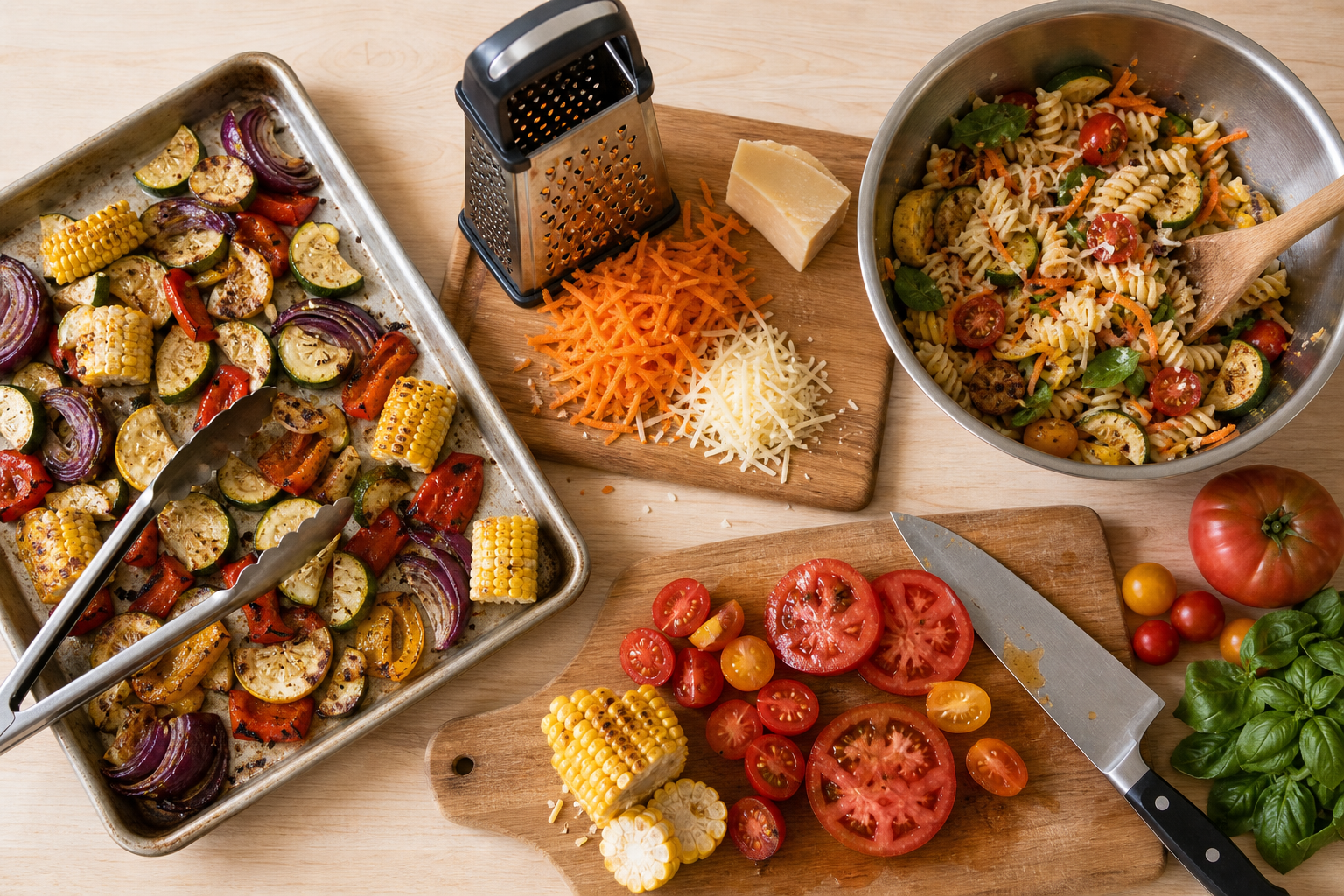 Tongs, a box grater, mixing bowl, sheet pan, and chef's knife are used to prepare several summer meal ingredients on a wooden counter.