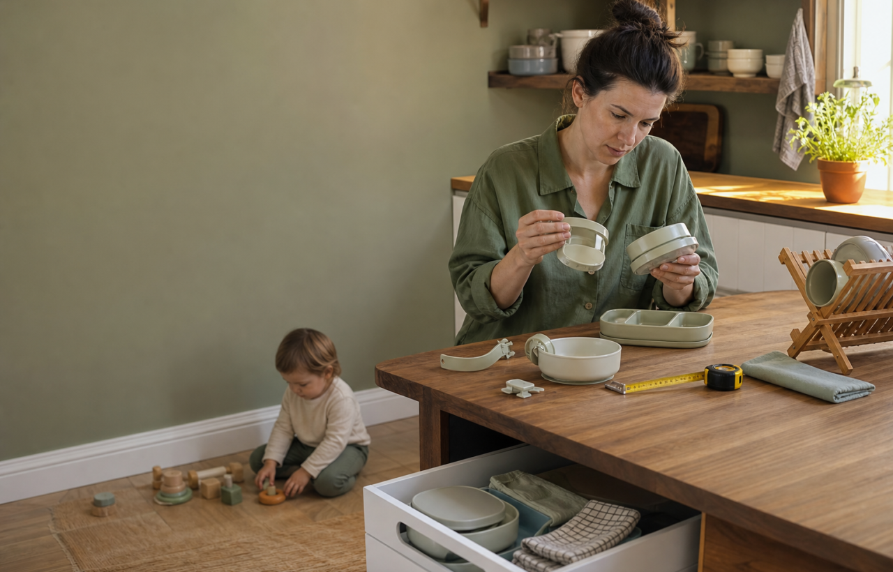 A parent examines the parts of a toddler feeding accessory at a kitchen table while a young child plays nearby.