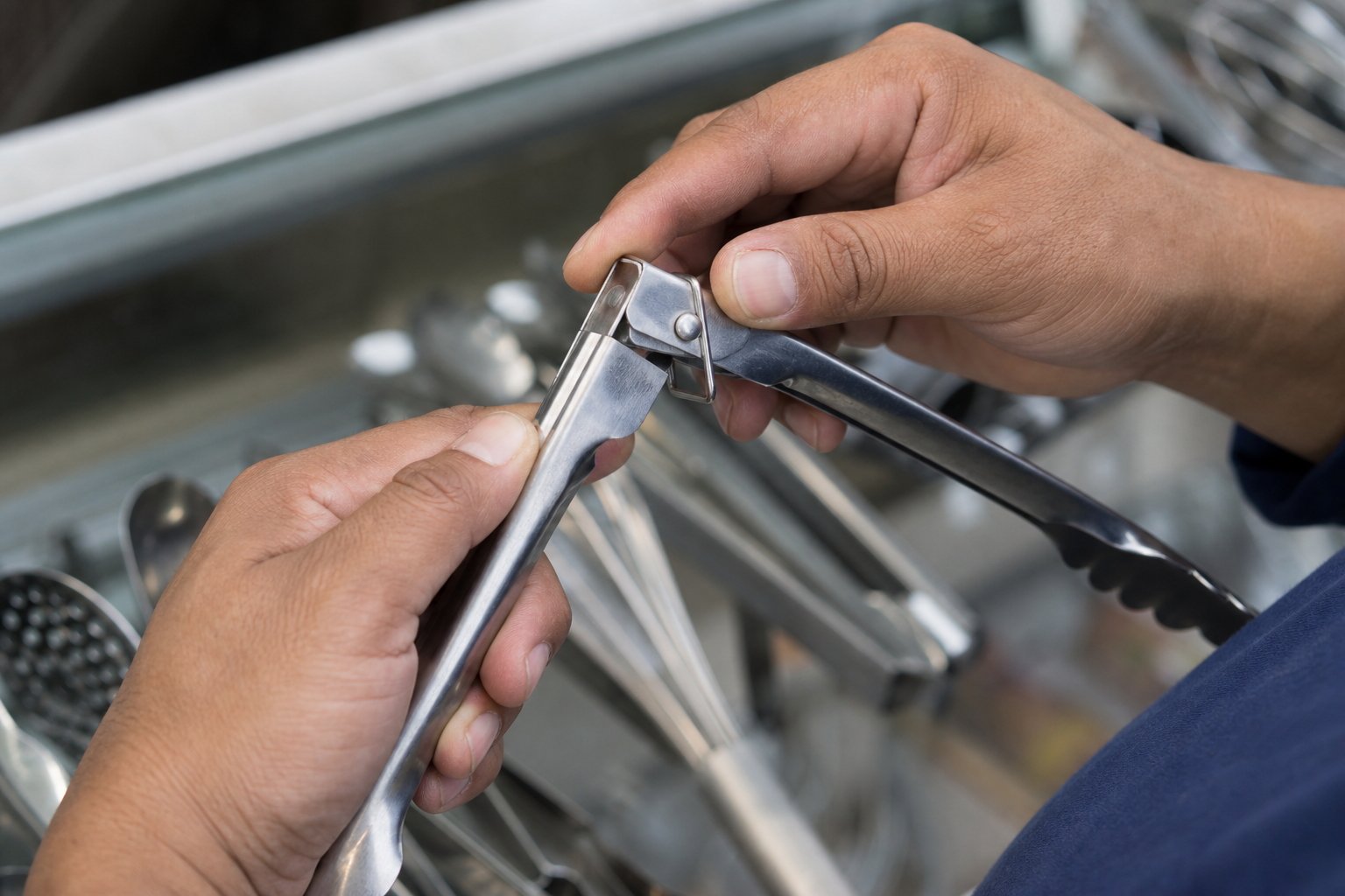Adult hands inspect the hinge and locking mechanism of a pair of metal kitchen tongs at a store counter.