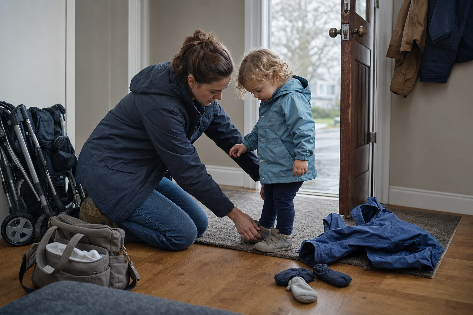 A caregiver helps a toddler put on a shoe in a busy entryway beside a folded stroller and diaper bag.