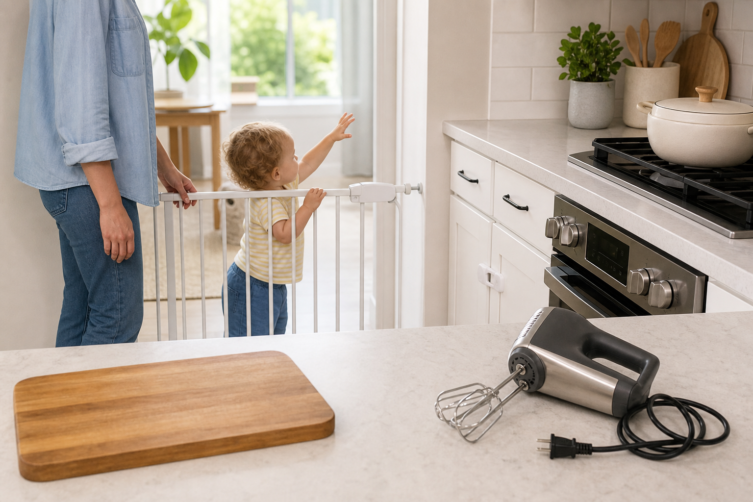 A toddler remains behind a kitchen gate while tools, appliance cords, and cookware are positioned safely away from the counter edge.