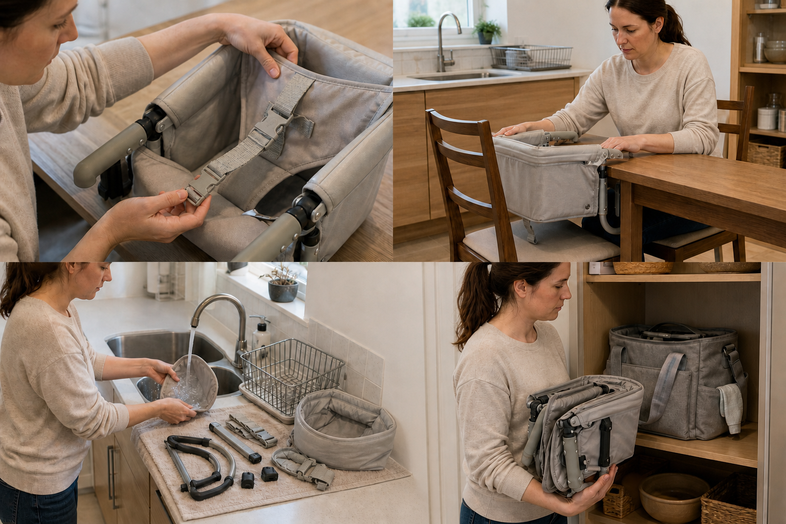 Four views show a parent checking a toddler seat's fasteners, fit, washable parts, and folded storage size.
