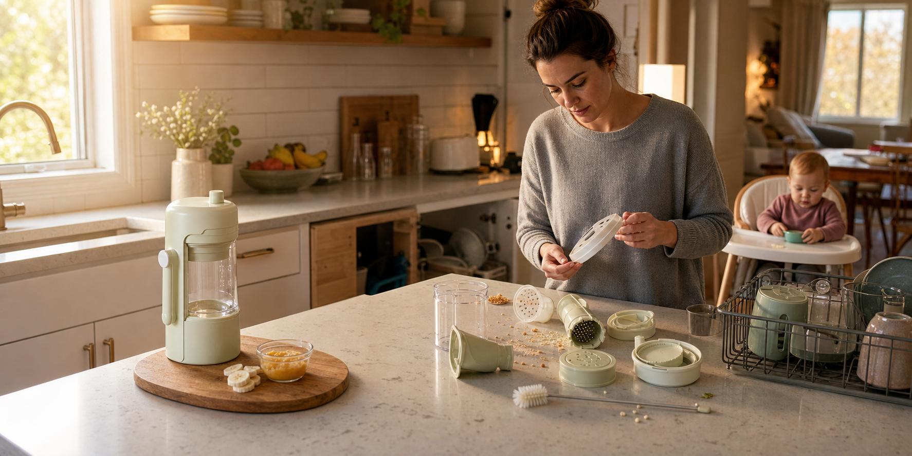 A split scene contrasts a spotless toddler snack device demonstration with its many parts awaiting cleanup in a family kitchen.