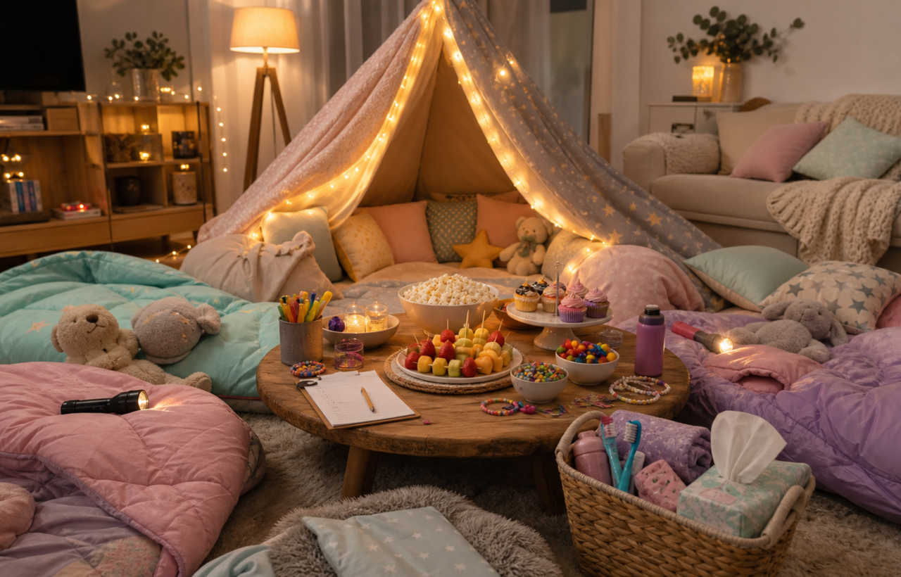 Cozy kids sleepover setup with a lighted pillow fort, sleeping bags, snacks, crafts, plush toys, and bedtime essentials in a warm living room.