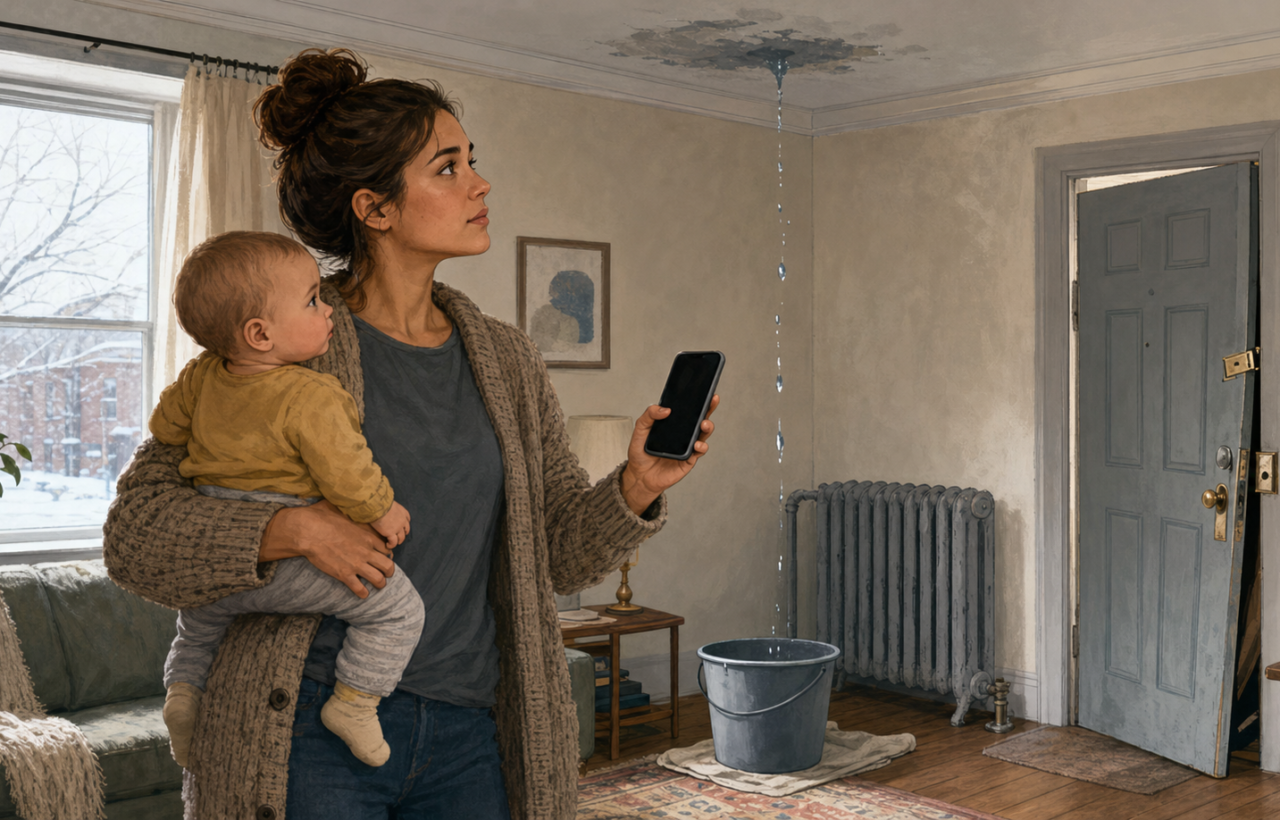 A parent holding a baby reports apartment repairs while water drips into a bucket near a cold radiator and a faulty door lock.