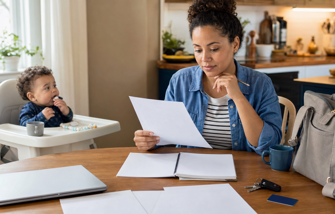 A parent reviews career options at a kitchen table while a baby sits nearby in a high chair.