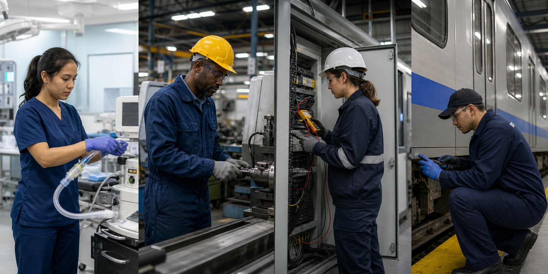 Workers perform technical jobs in a hospital, factory, utility facility, and public transportation maintenance area.