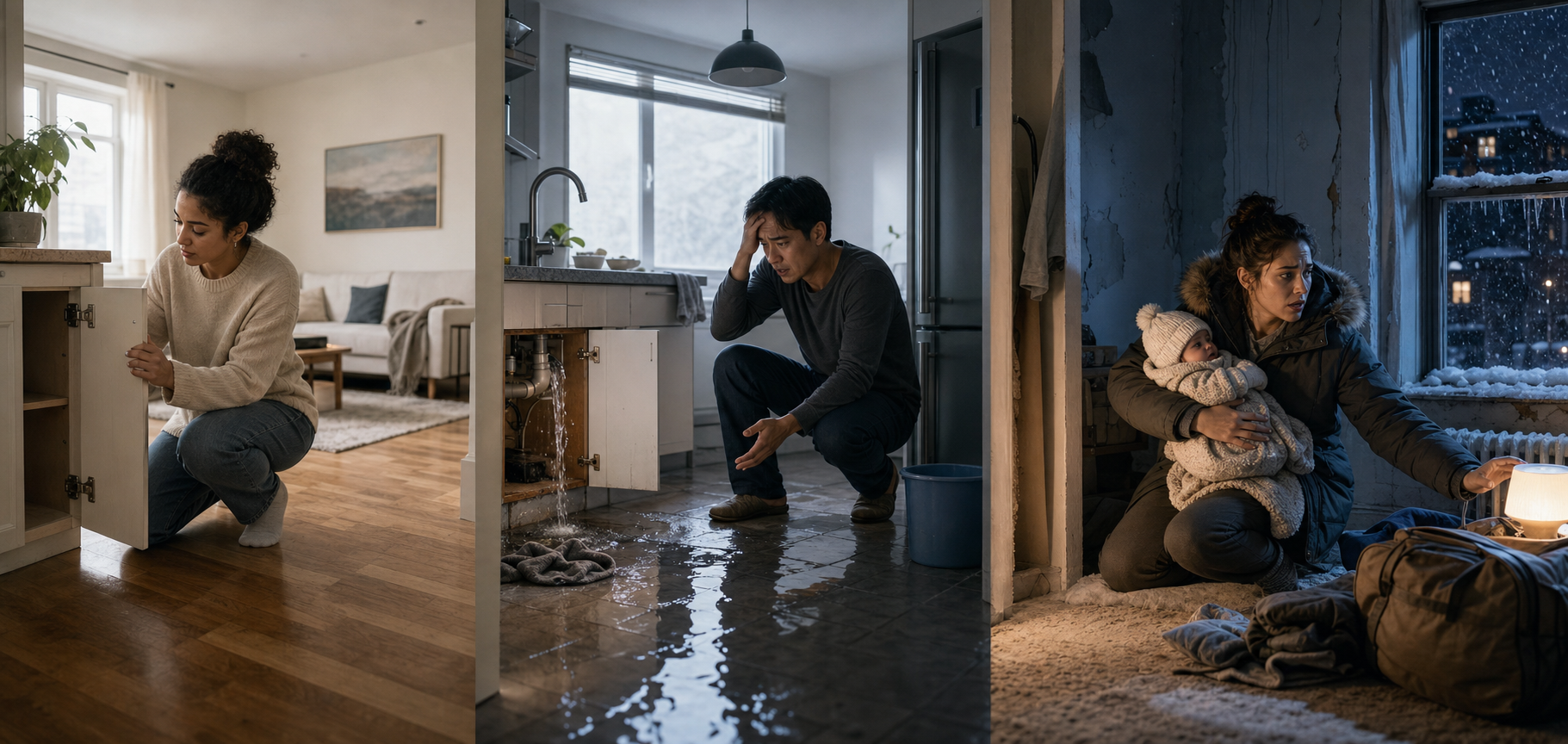 Three apartment scenes show a loose hinge, a spreading plumbing leak, and a parent moving a baby away from a dangerously cold room.