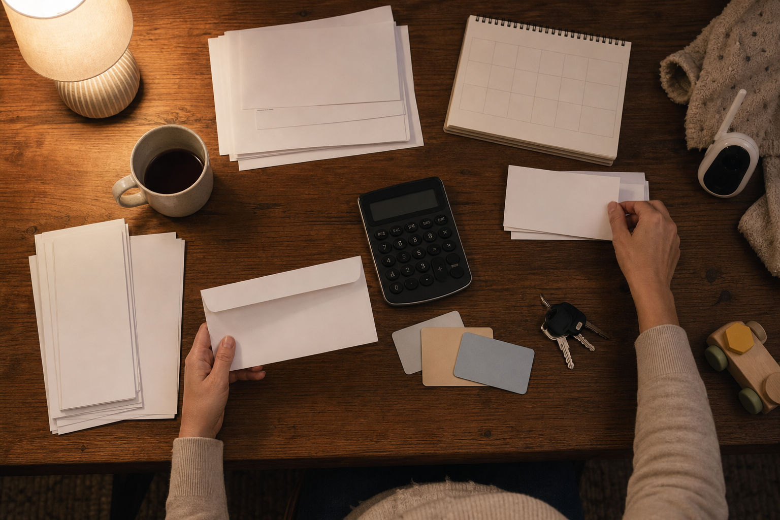 A parent sorts household bills, child-care items, commuting essentials, and a calculator on a dining table.