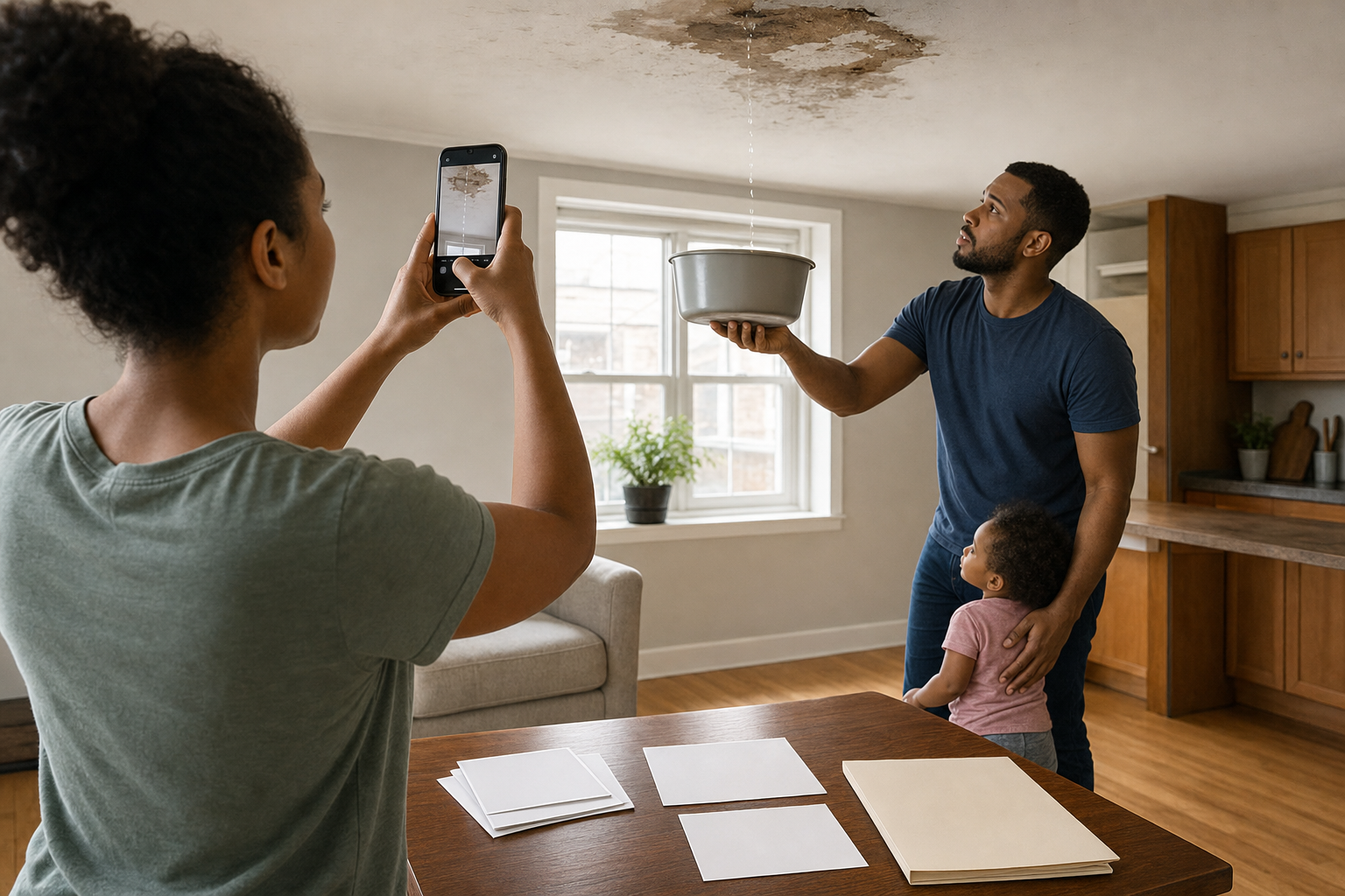 A tenant photographs a ceiling leak while another adult keeps a toddler away and organizes repair evidence on a table.