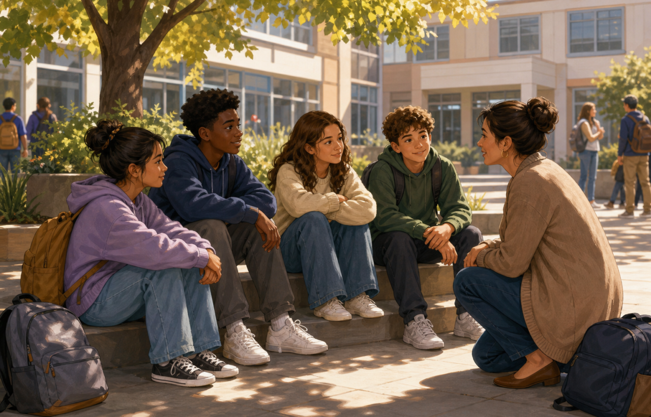 Students sit together in a school courtyard while an adult listens to them in a calm, supportive setting.