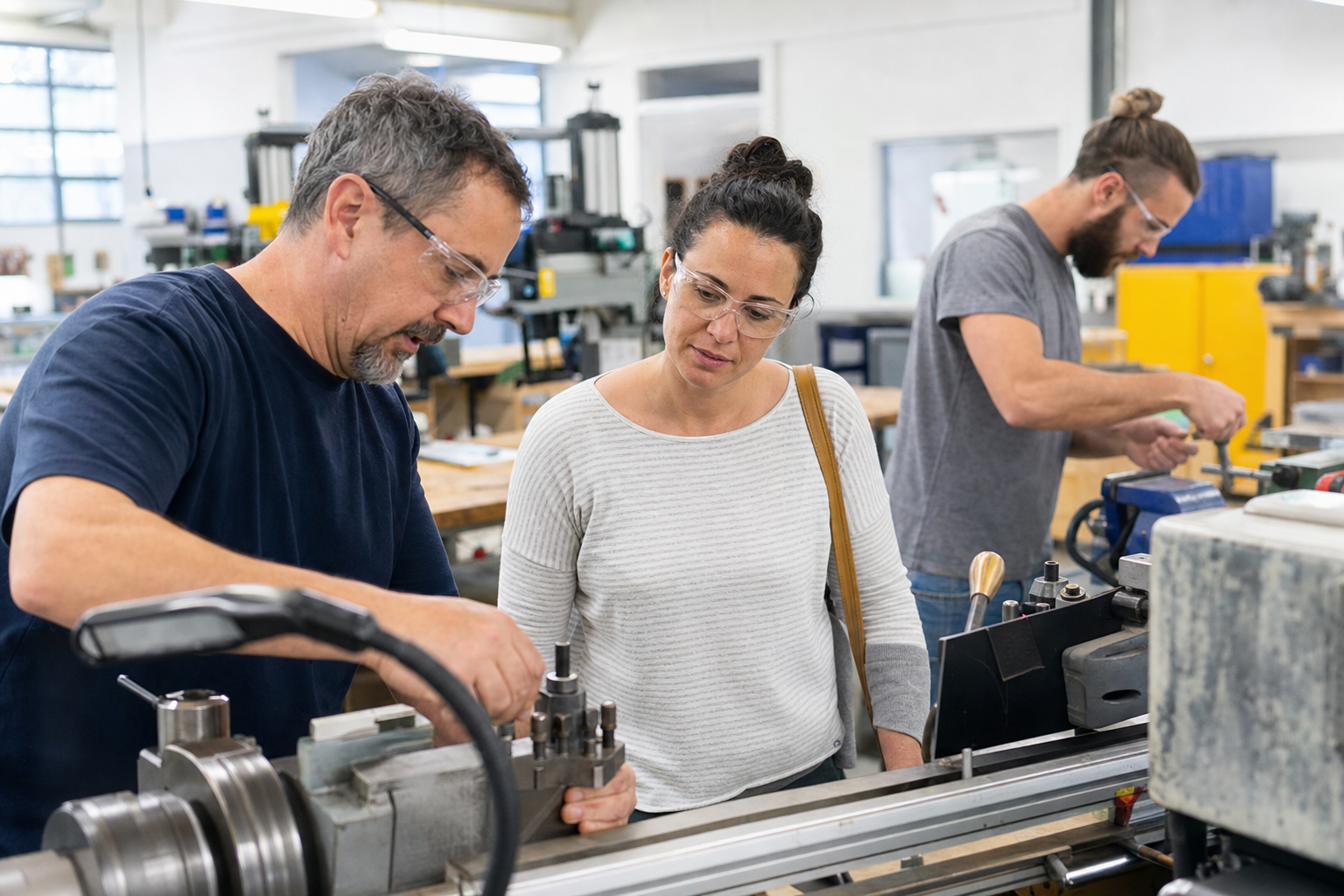 A parent observes an instructor demonstrating equipment during an introductory technical workshop.