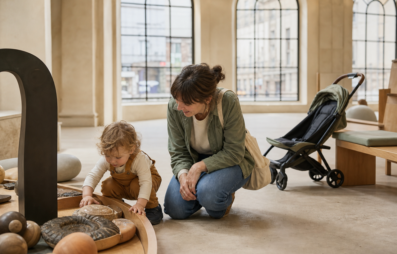 A toddler explores a low interactive display while a caregiver kneels nearby in a bright museum gallery, with a stroller parked beside a bench.