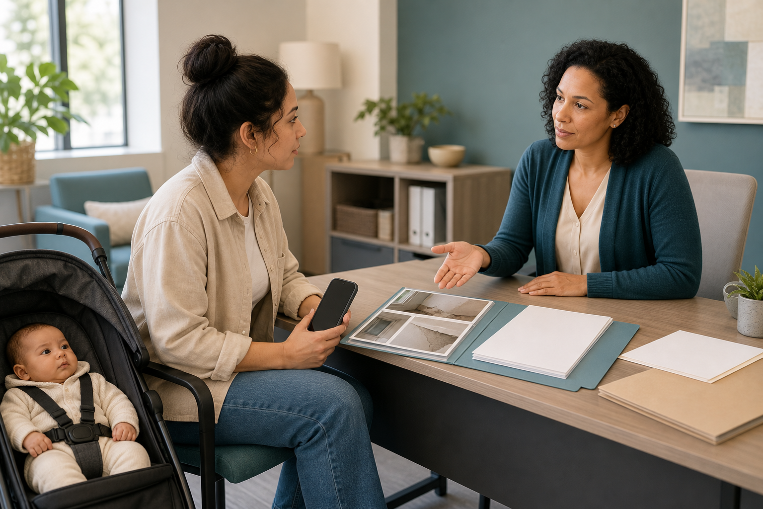A tenant parent reviews organized repair evidence with a housing adviser while an infant rests in a stroller beside the desk.