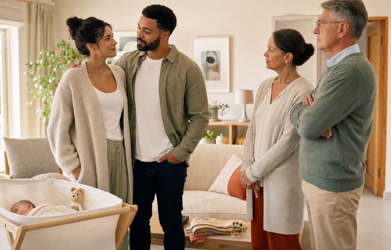 Two new parents speak calmly with visiting grandparents beside a baby resting in a bassinet.
