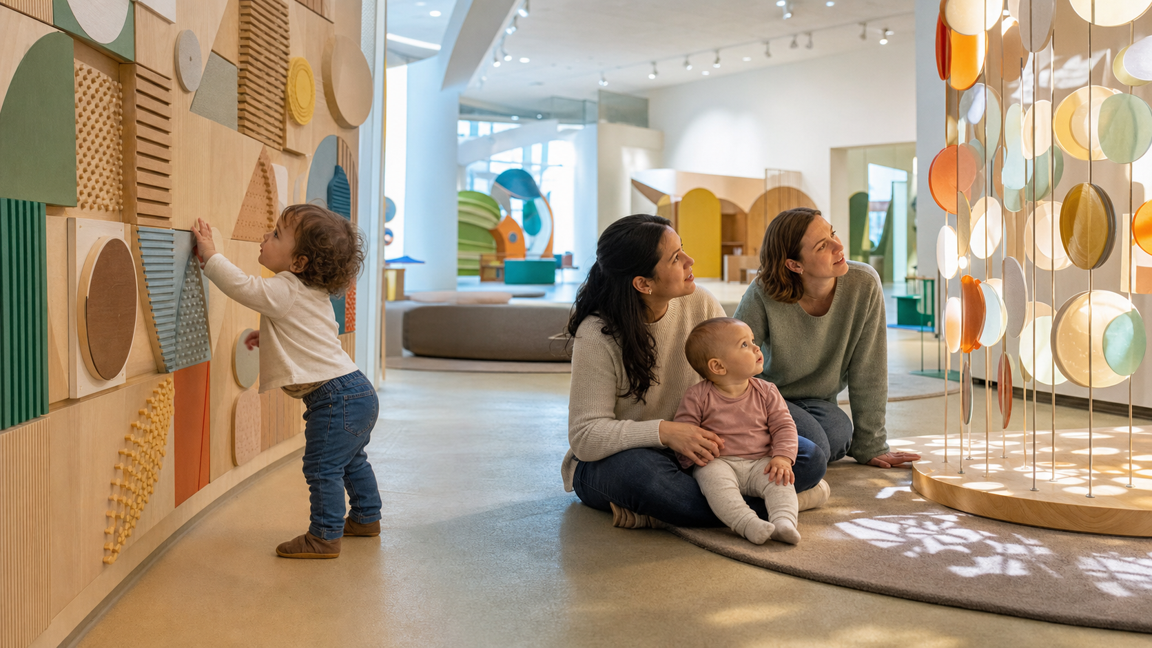 A toddler touches a low sensory display while a seated baby watches a light installation from a caregiver's lap in a family museum gallery.