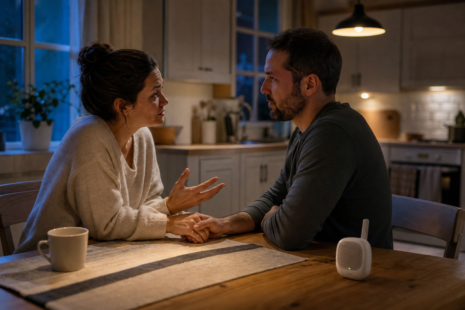 A couple talks privately at a kitchen table while a baby monitor sits nearby.