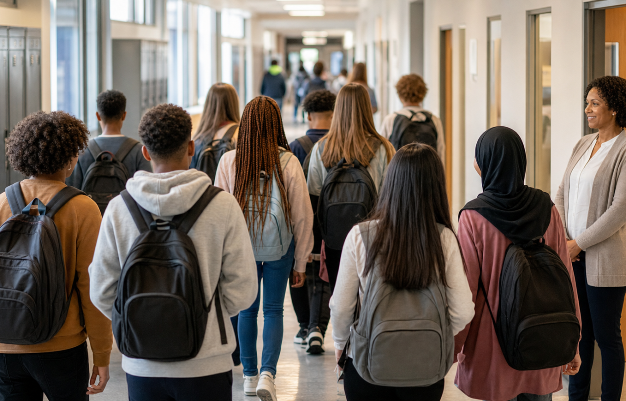 Diverse students walk through a bright school hallway while a teacher stands nearby in a welcoming way.